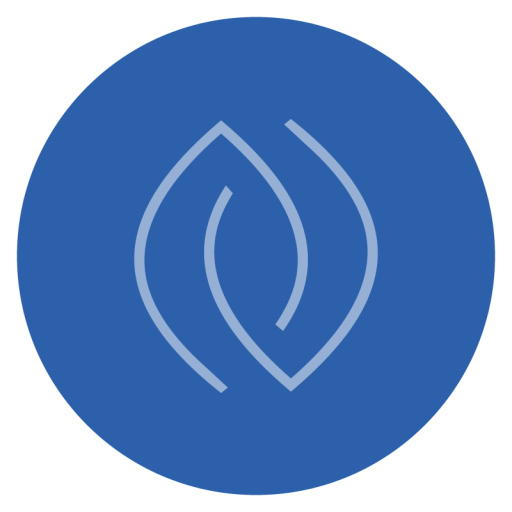 Light blue, symmetrical, leaf-shaped lines forming an abstract design on a solid blue circular background.
