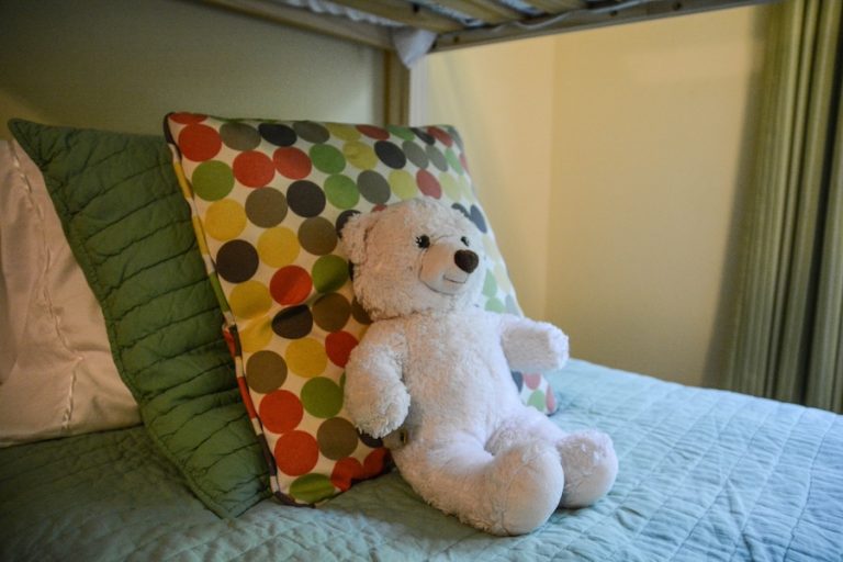teddy bear on bed
